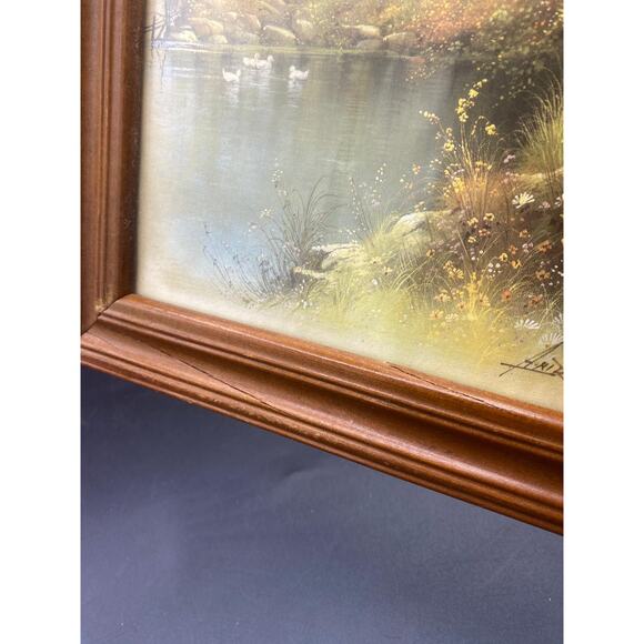 Vintage Andres Orpinas Wooden Framed & Matted Art Print Church Lake Duck signed - Picture 2 of 4